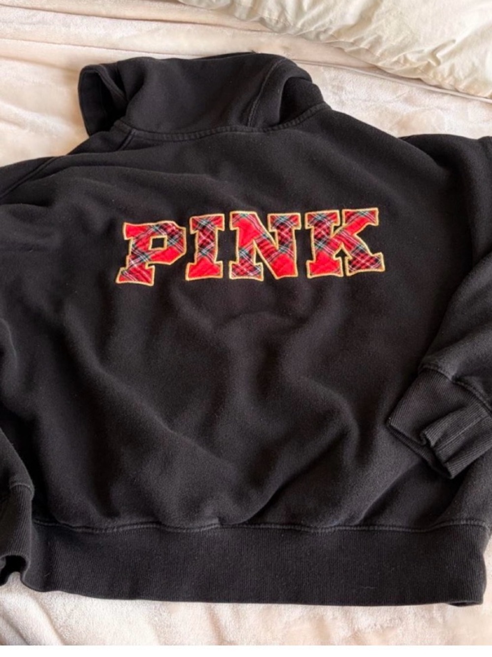 PINK Victoria's Secret Black Hoodie with Red Plaid Logo